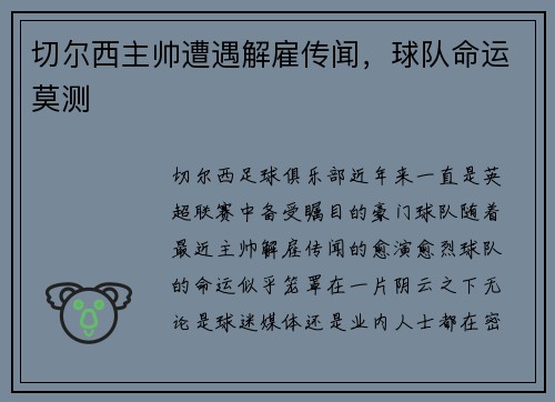 切尔西主帅遭遇解雇传闻，球队命运莫测